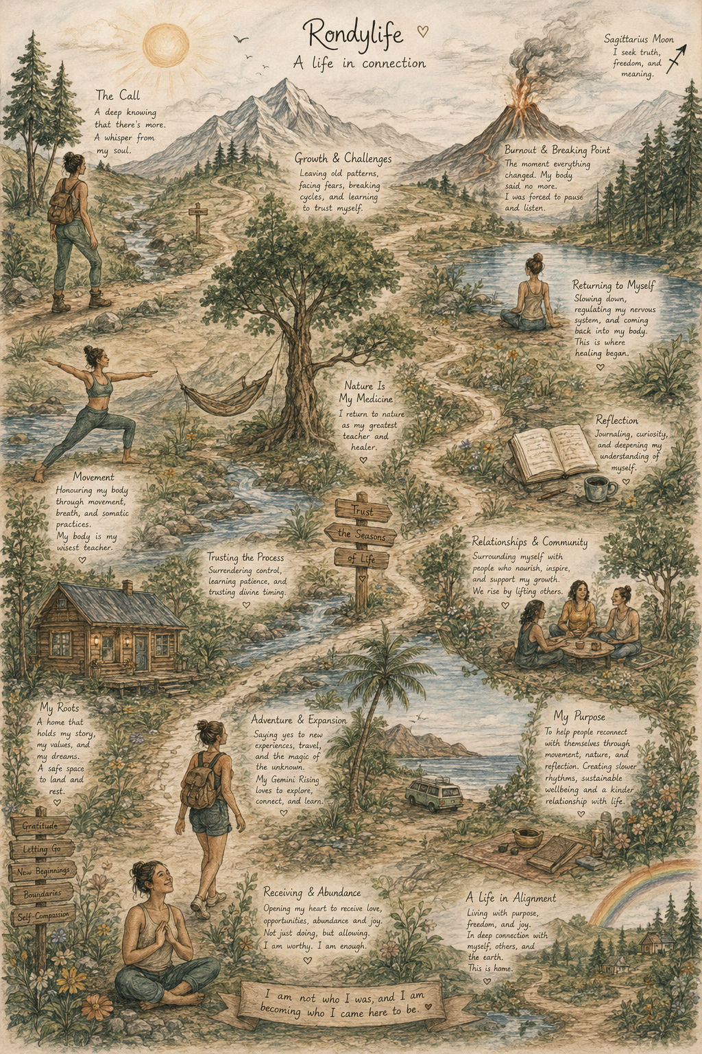 An illustrated map of the rondy life journey through nature, movement, and reflection