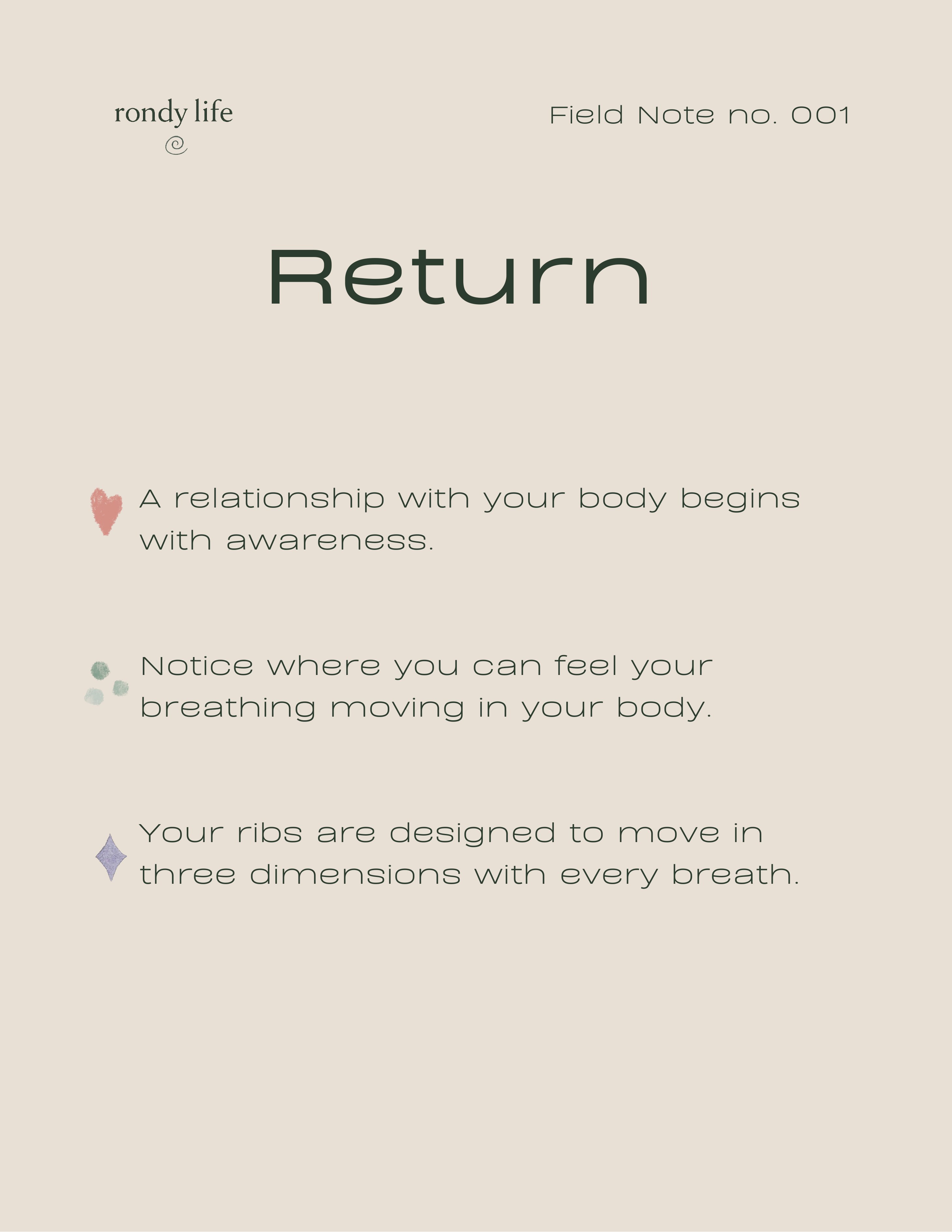 Field Note no. 001 — Return. A soft ivory page with the word Return and three short reflections on breath, awareness and the body.