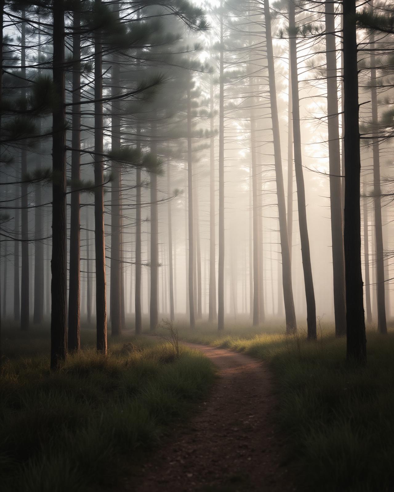 Tall trees in soft mist along a quiet forest path, suggesting release and seasonal change