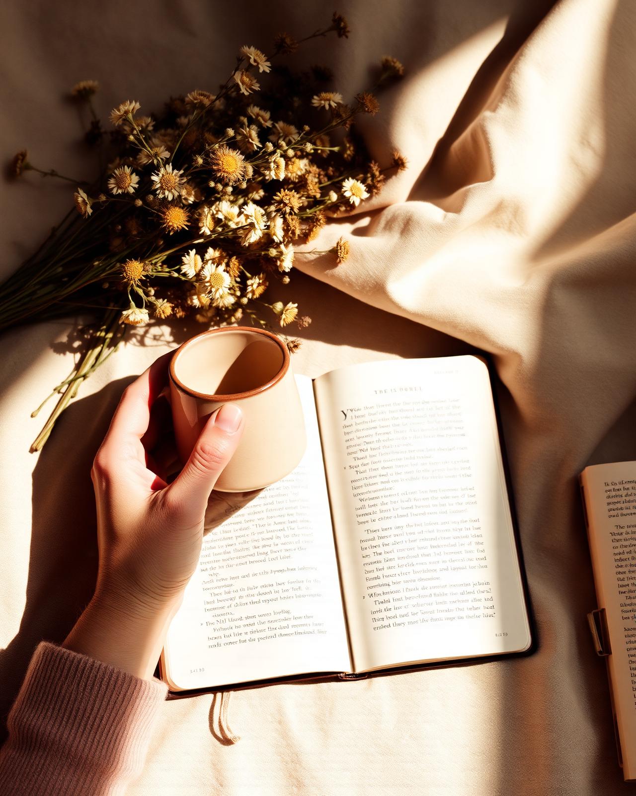 A ceramic mug and dried wildflowers in late afternoon light