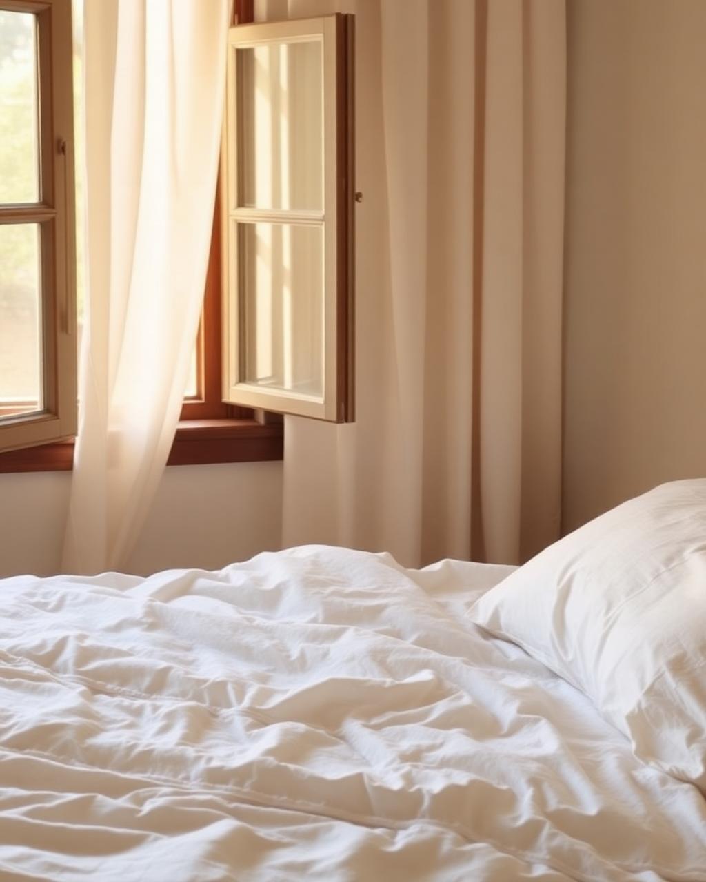 Soft morning light across linen sheets by an open window