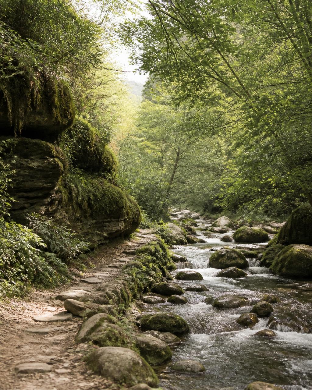 A mossy forest stream beside a quiet stone pathway, evoking embodiment and calm curiosity