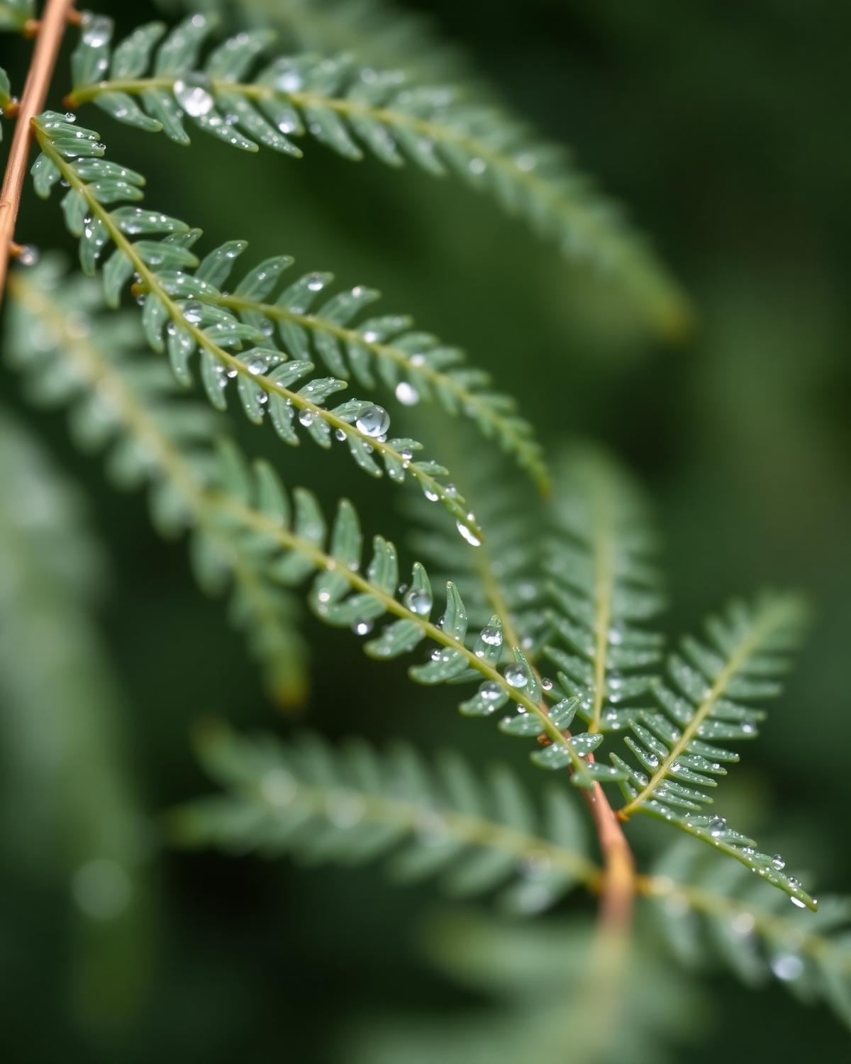 Dewdrops resting on the soft green fronds of a fern