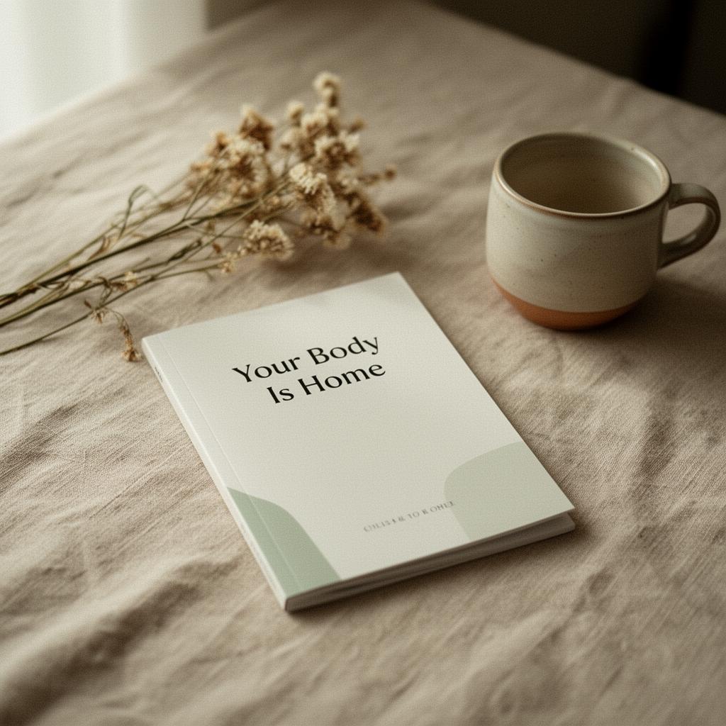 A softly lit still life of the printed guide Your Body Is Home resting on linen beside dried wildflowers and a ceramic cup