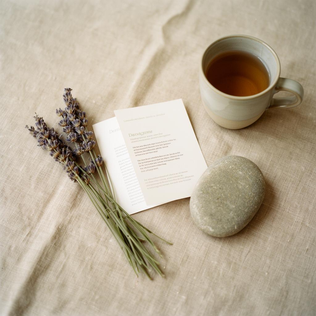 A softly lit still life of a small folded printed guide resting on linen beside dried lavender, a smooth river stone and a ceramic cup of tea