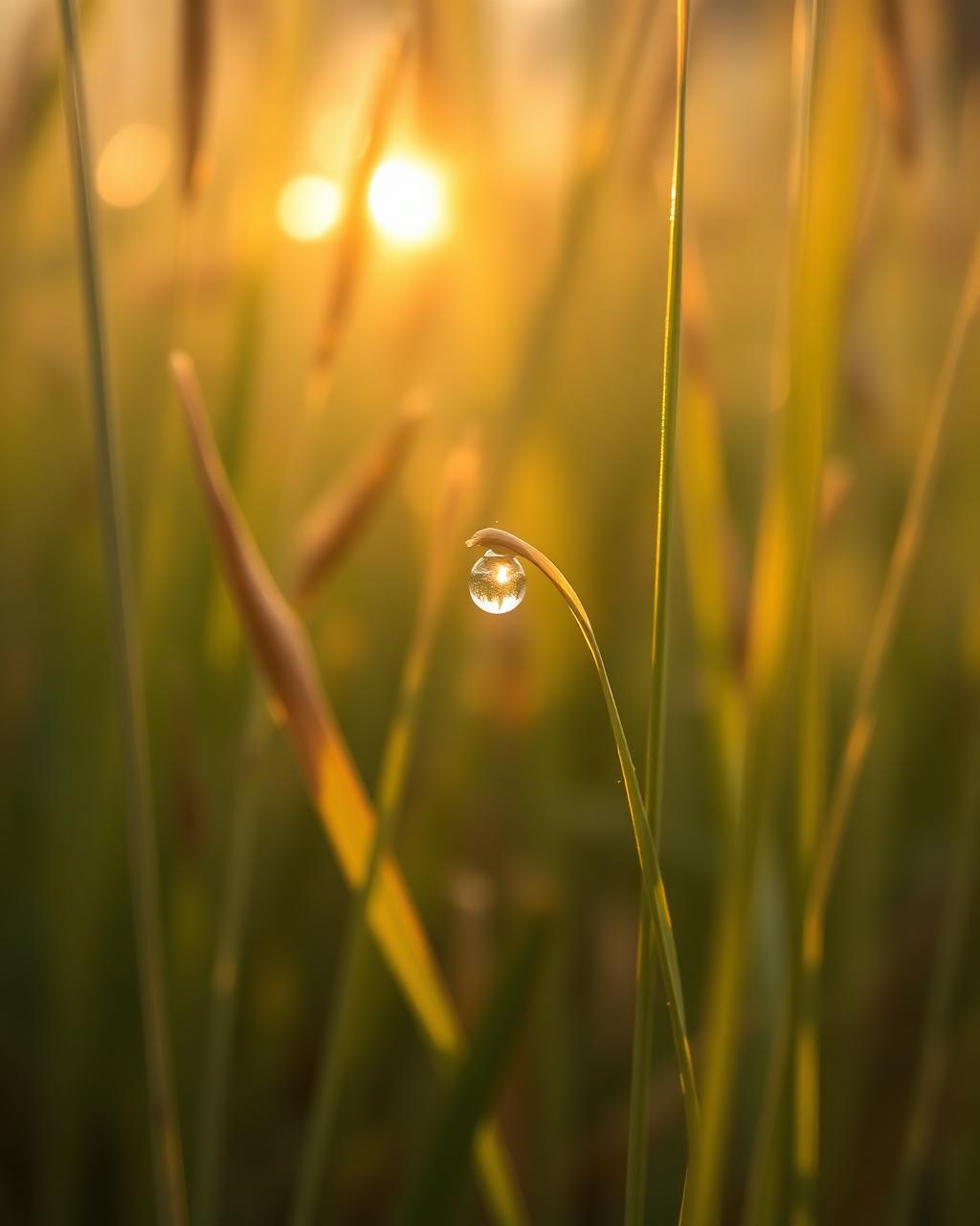 A single dewdrop catching golden morning light on a quiet grass blade