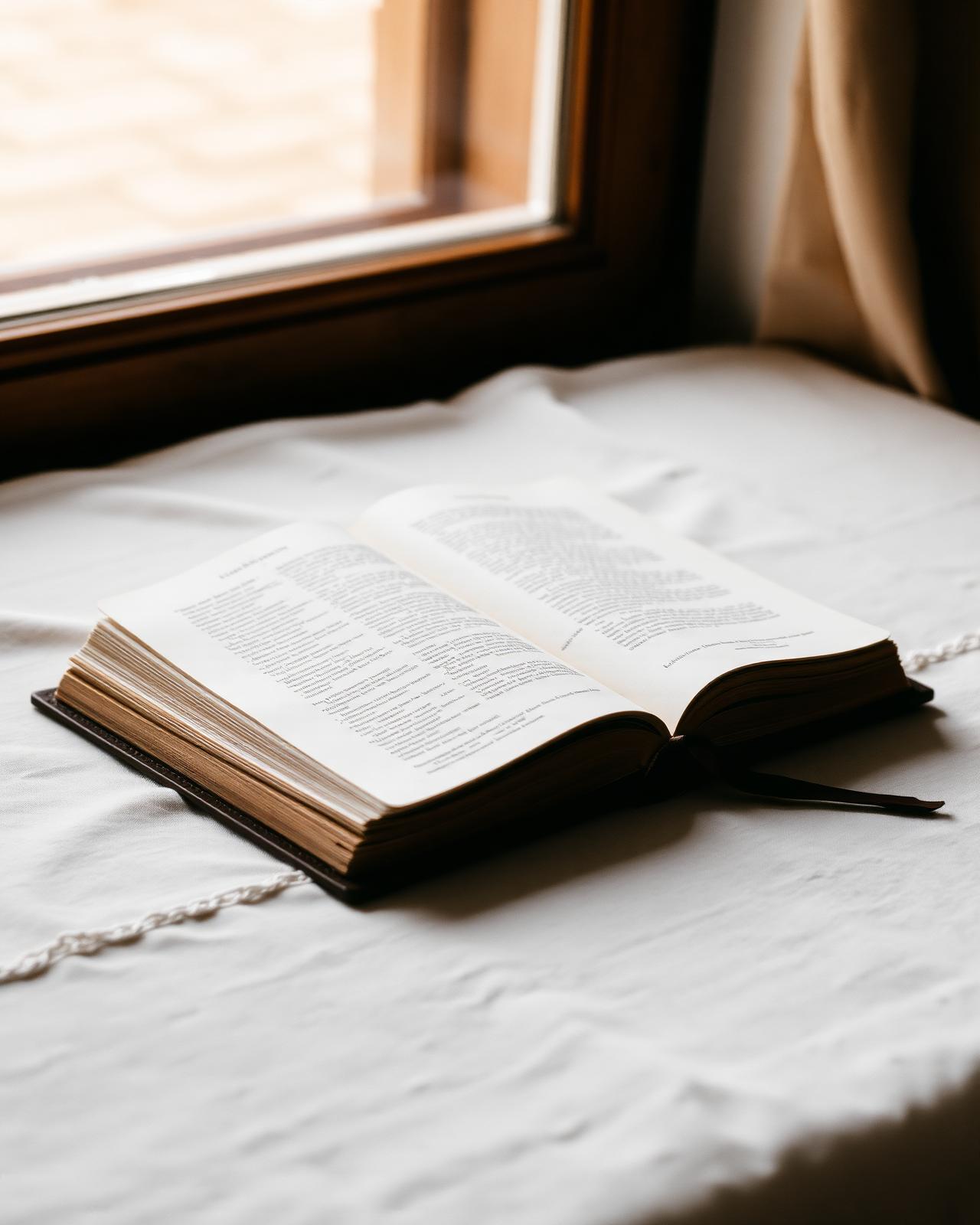 An open journal resting in soft window light