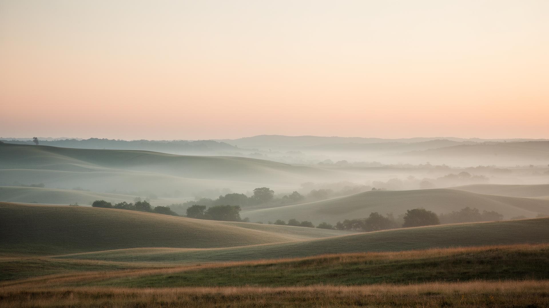 Soft rolling hills at dawn under a quiet sky