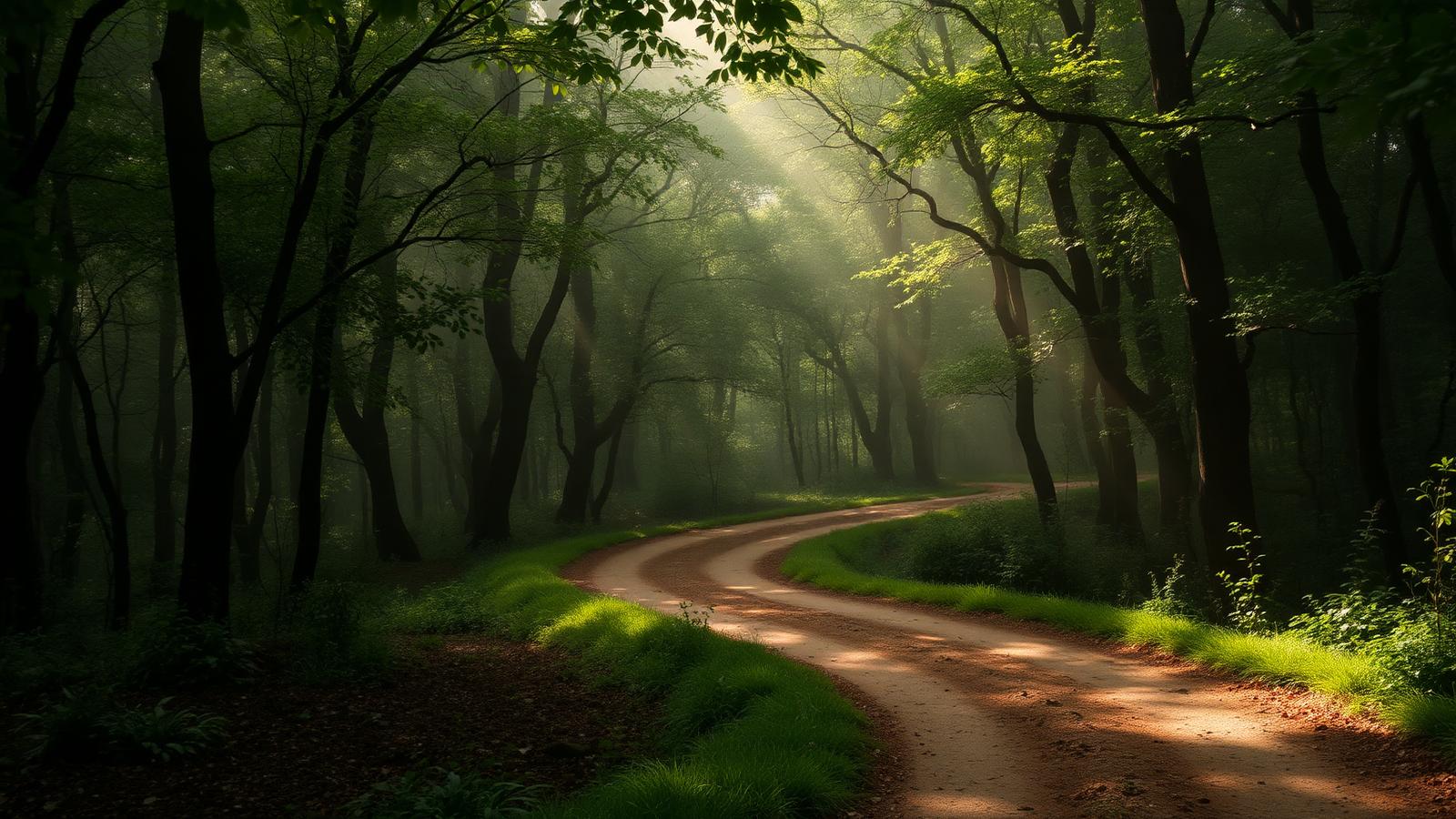 A winding earthen pathway through a misty green forest at dawn