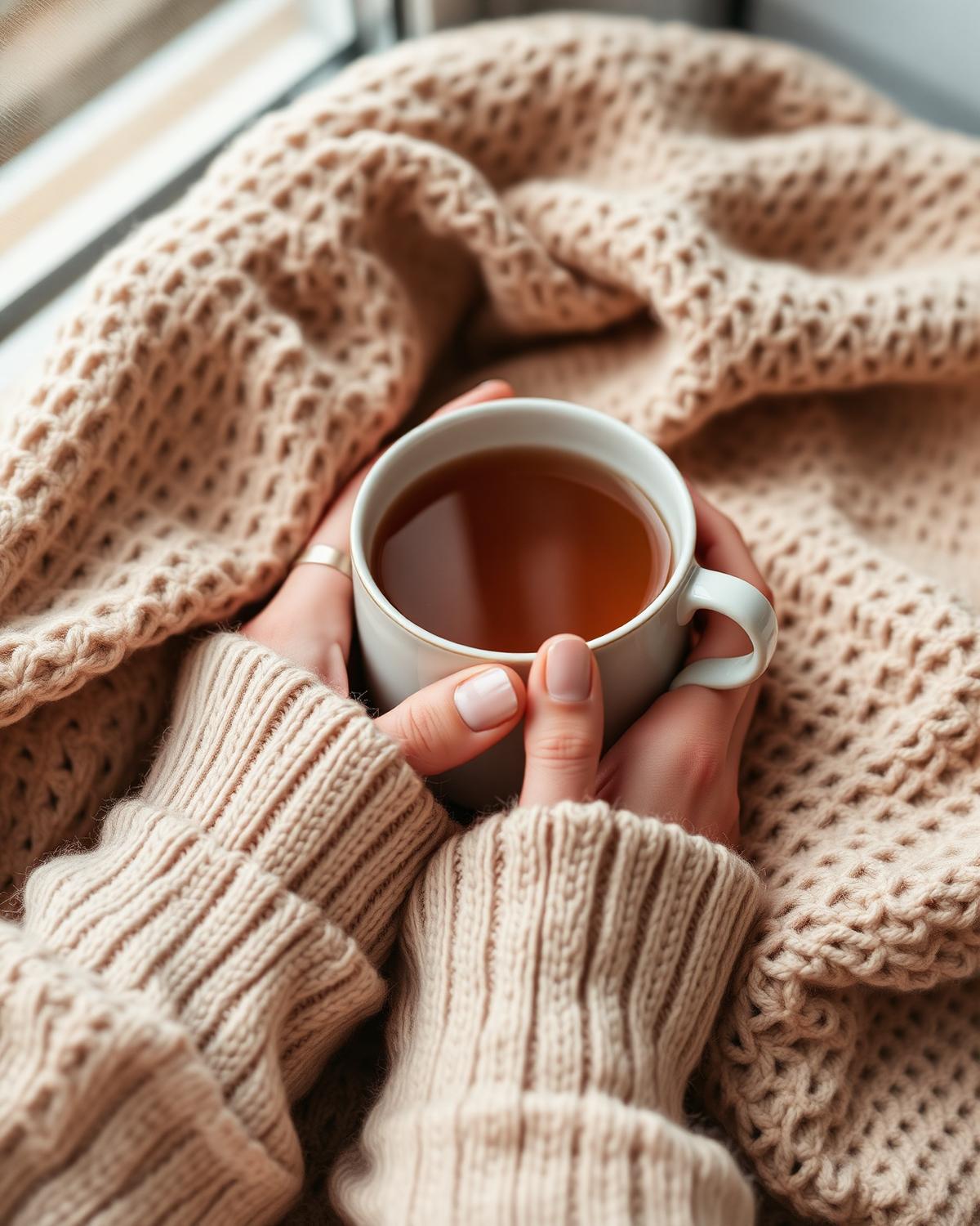 Hands holding a warm cup of tea in gentle light